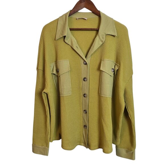 Ces Femme Womens Waffle Knit Top Mustard Green Front Pockets Long Sleeves XLarge - Picture 2 of 14
